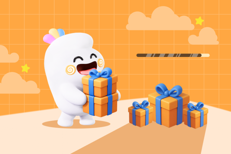 Easify mascot carrying gift boxes next to a progress bar