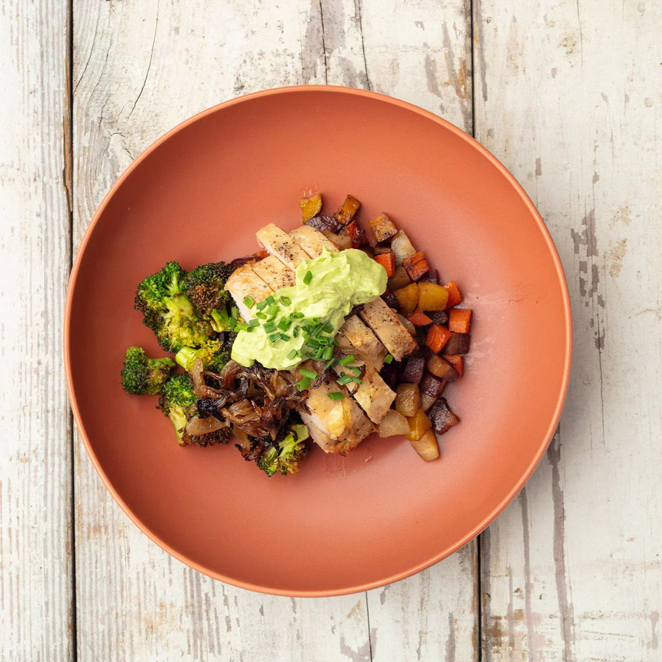 Ajo Verde Chicken with Roasted Rainbow Carrots and Broccoli with Onions