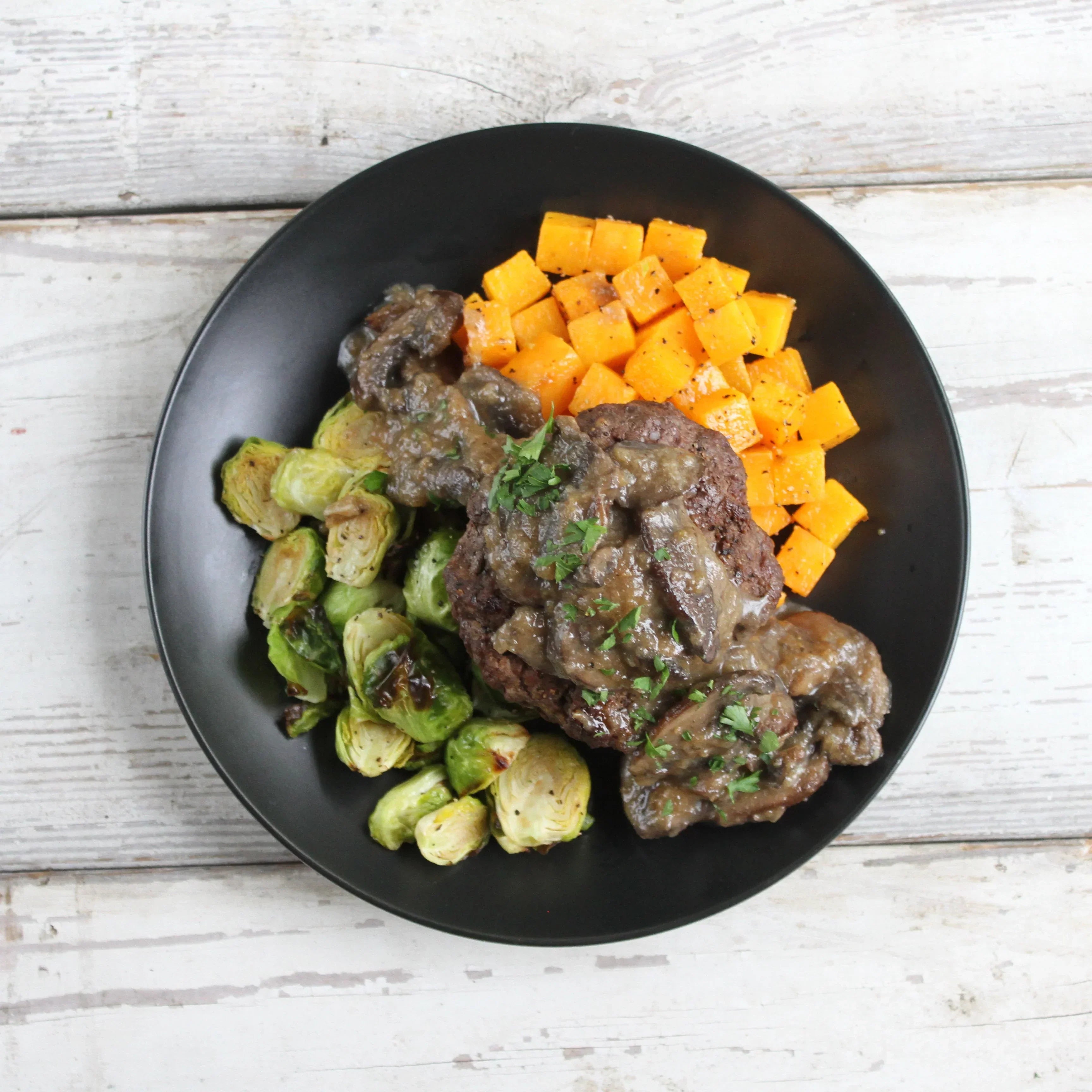 Beef Burger with Mushroom Gravy, Brussels and Butternut Squash