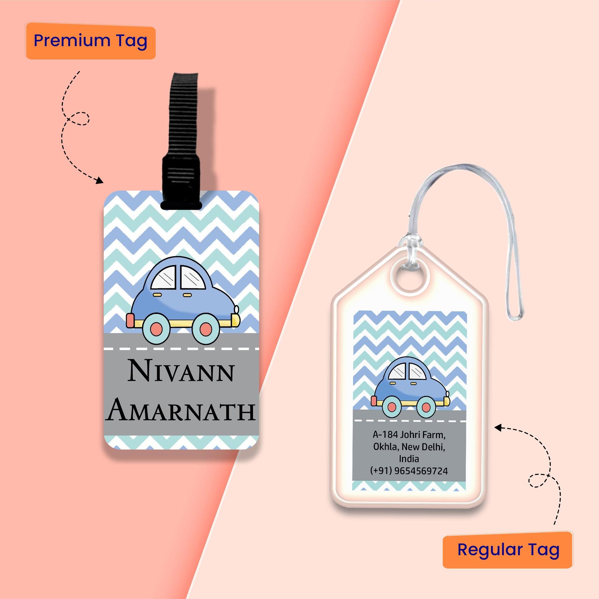 Personalized Bag Tags for Kids - Set of 5 - Blue Car Design
