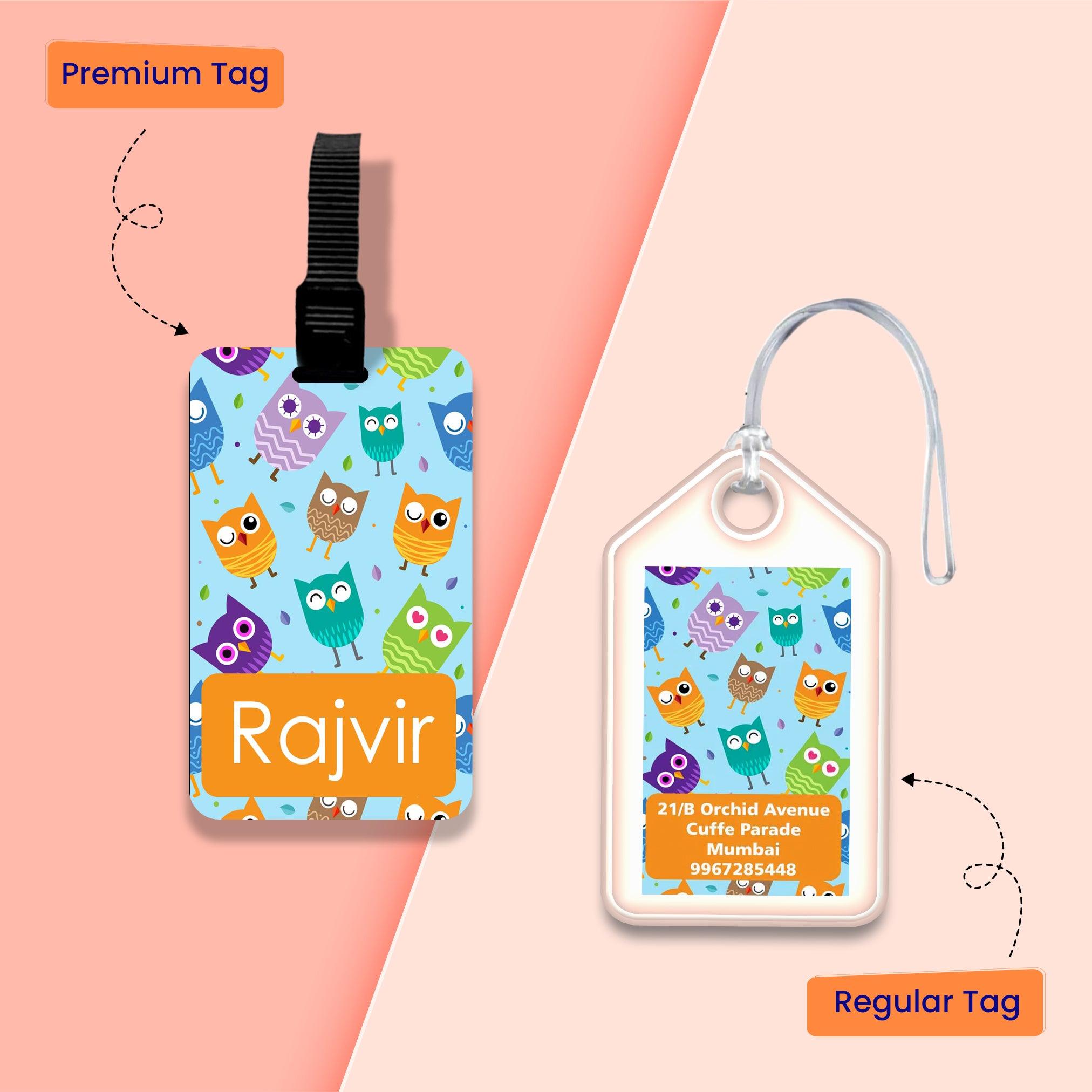 Personalized Bag Tags for Kids - Set of 5 - Blue Owl Design