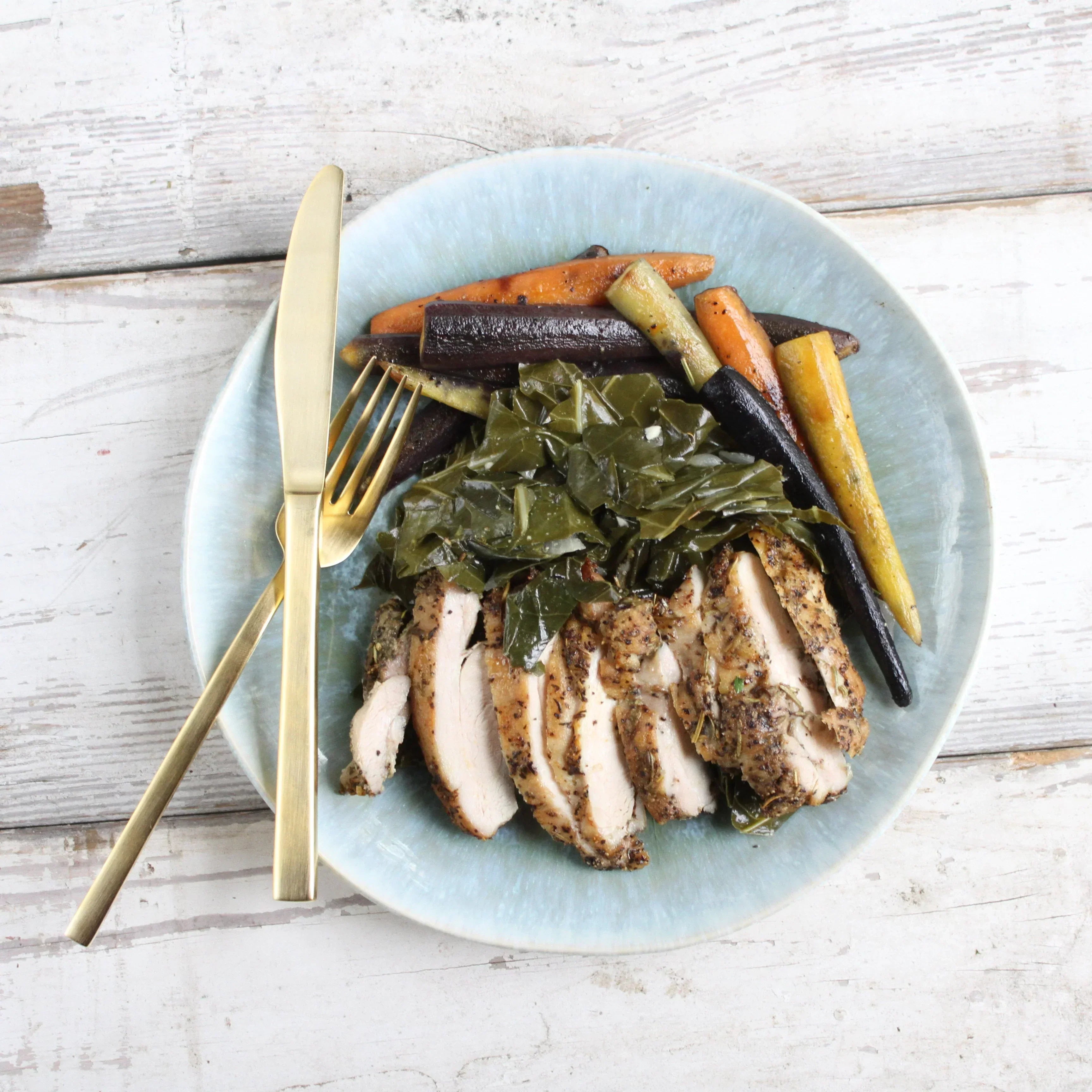 Herbed Chicken with Collards and Roasted Rainbow Carrots