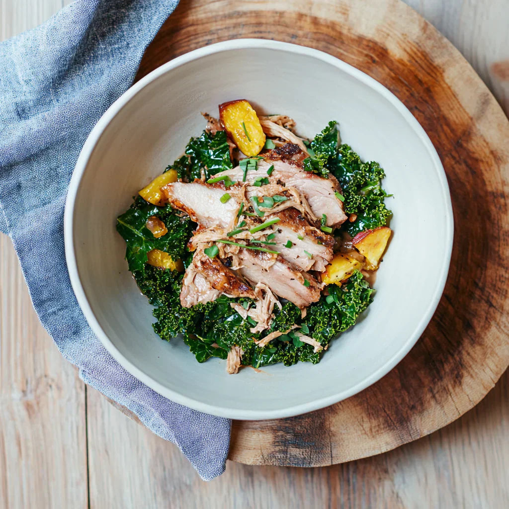 Lemon Braised Pork with Sauteed Kale and Golden Beets with Chives