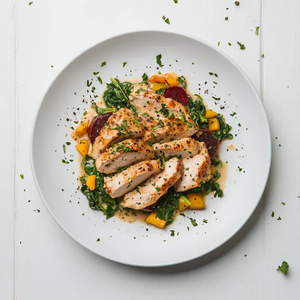 Mango Glazed Chicken with Braised Beets and Sautéed Chard