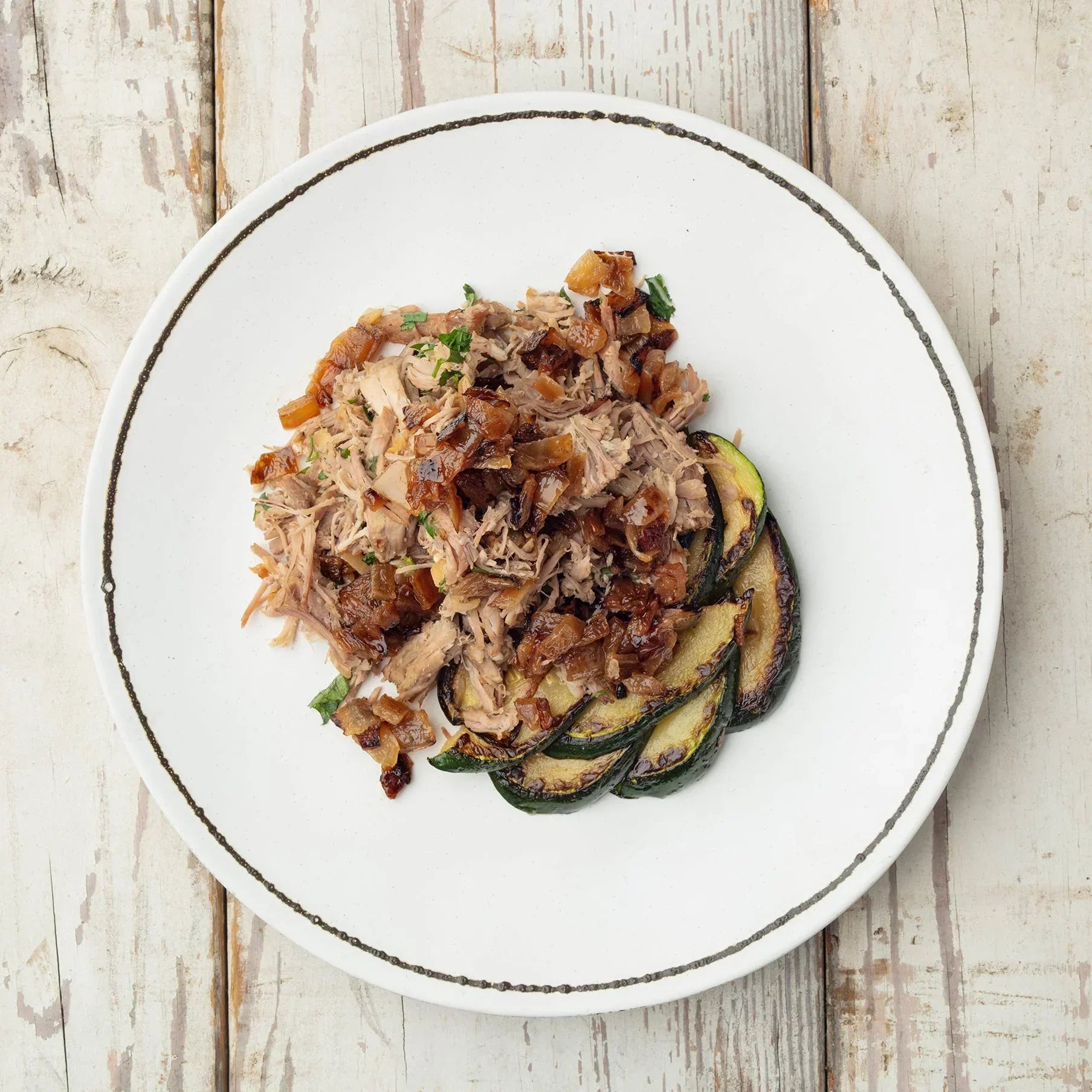 Mojo Pork Butt with Cilantro Zucchini & Grilled Onions