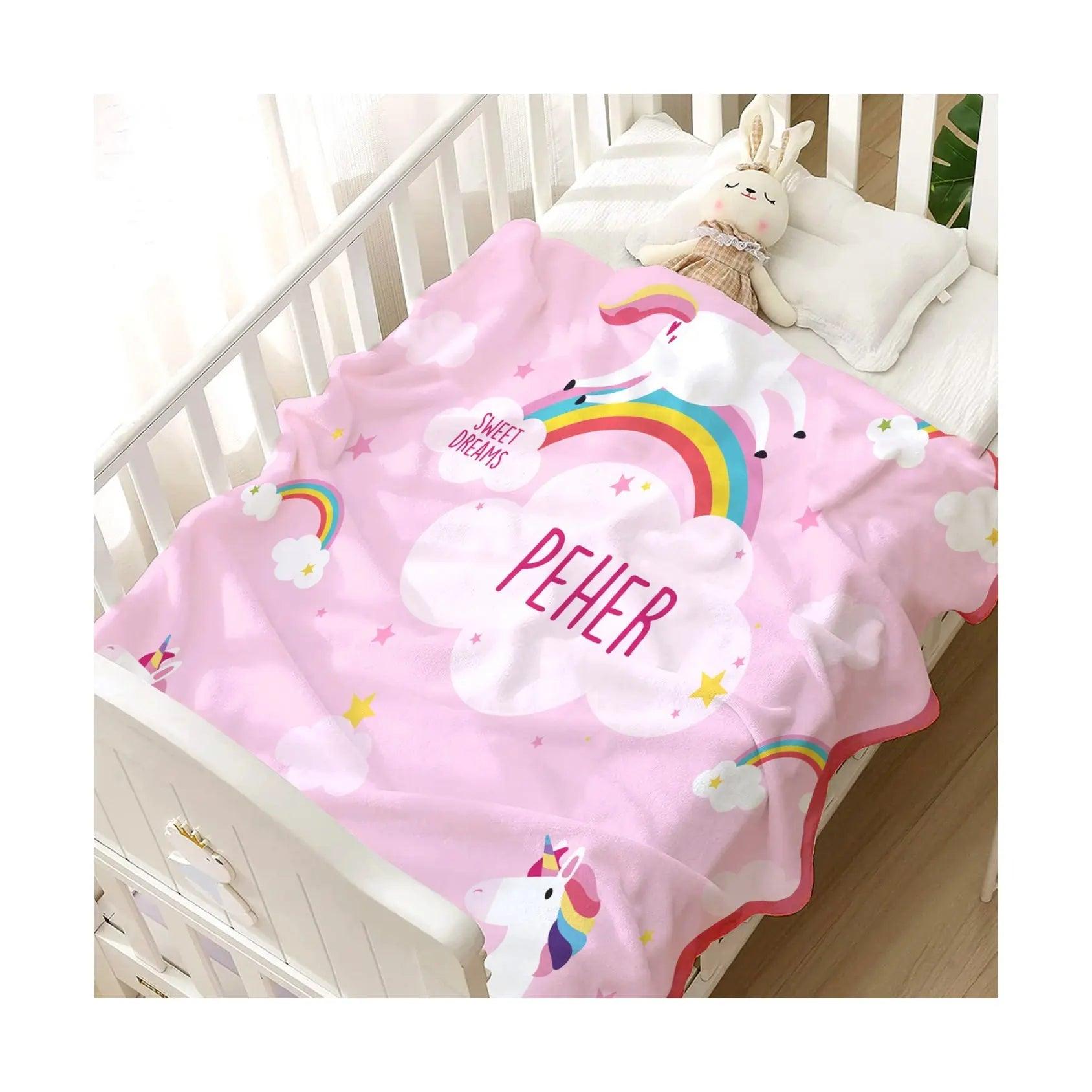 Perosnalised Cotton Blankets for Kids - Dreamy Unicorns Design
