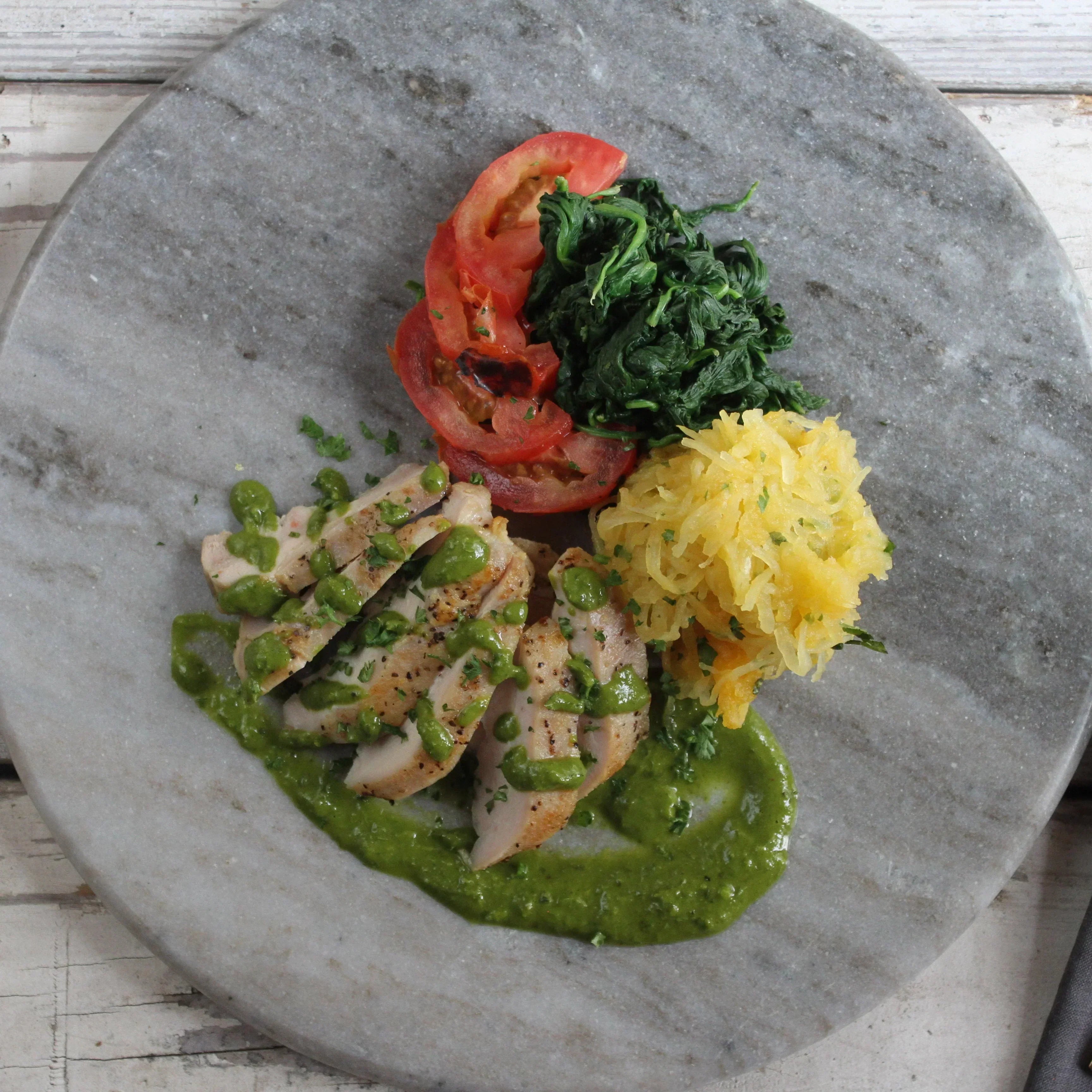 Pesto Chicken with Spinach and Spaghetti Squash