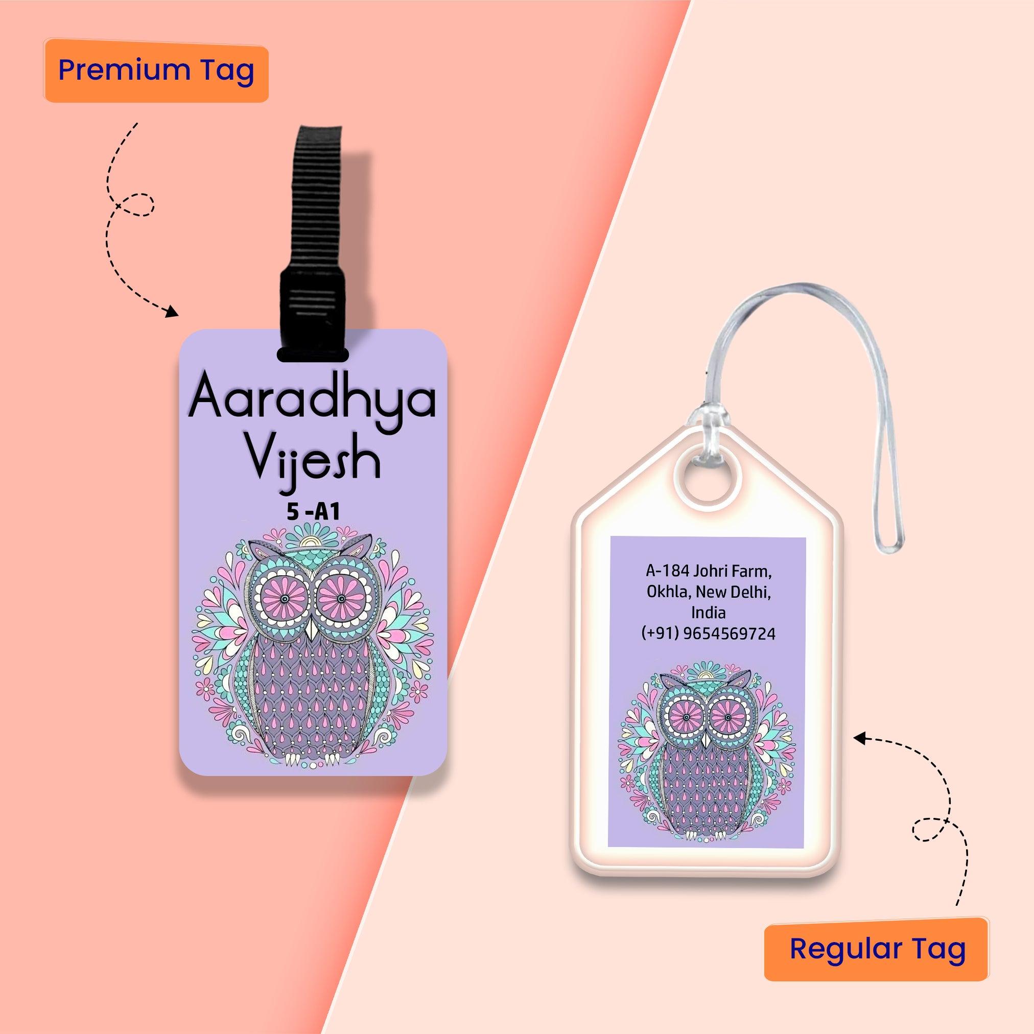 Personalized Bag Tags for Kids - Set of 5 - Purple Owl Design