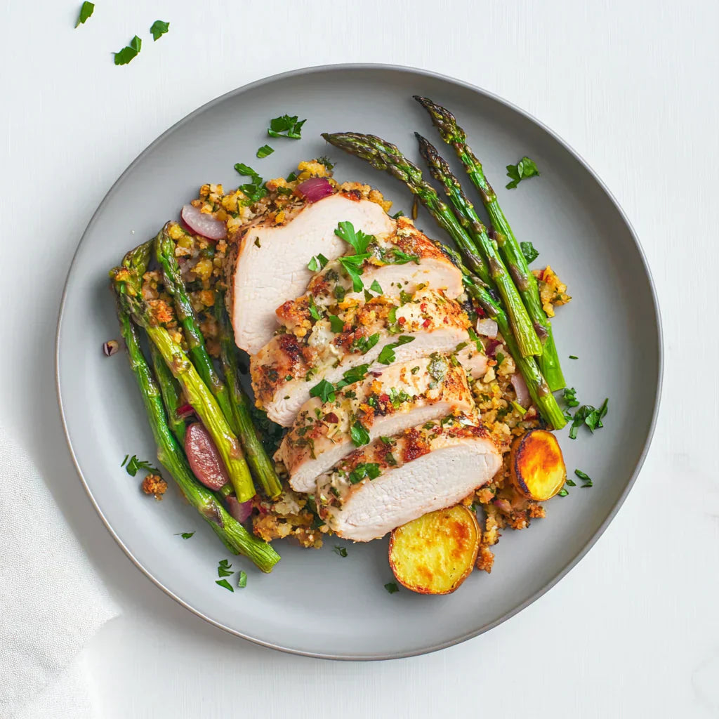 Rosemary and Thyme Crusted Turkey Breast with Lemon Garlic Asparagus and Roasted Sweet Potatoes