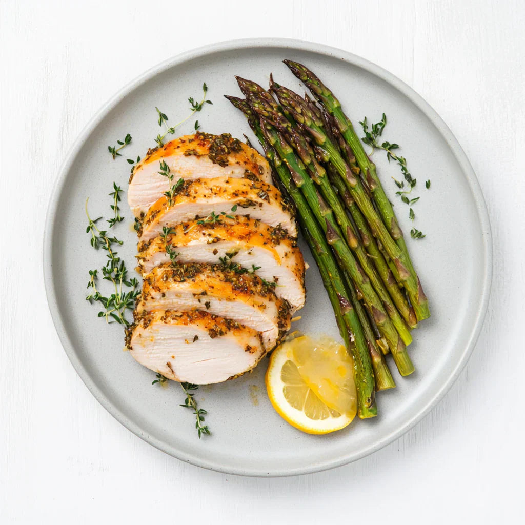 Rosemary and Thyme Crusted Turkey with Lemon Garlic Asparagus