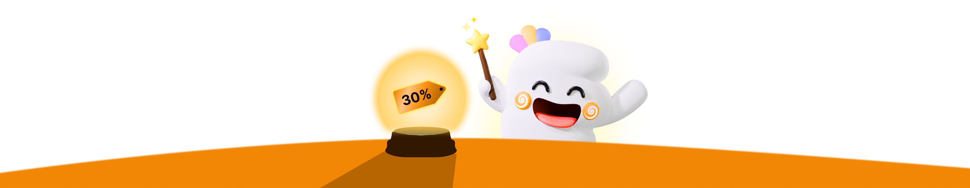 Easify mascot with a star wand next to a glowing podium holding a 30% off tag
