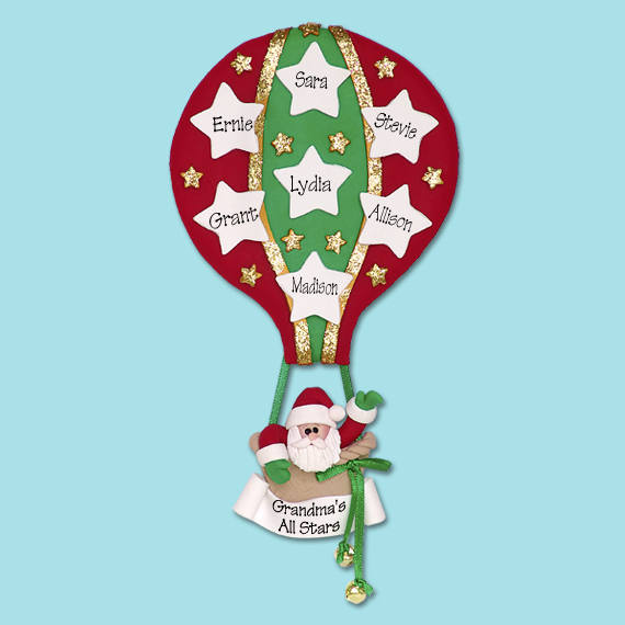 Santa HOT AIR BALLOON  w/7 Stars HandmadePolymer Clay Personalized Christmas Family Ornament