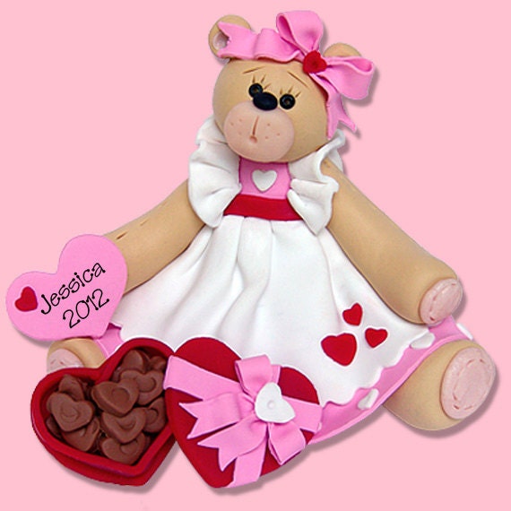 Personalized Belly Bear Sweetheart Girl Valentine Figurine in Gift Box - Handmade Polymer Clay