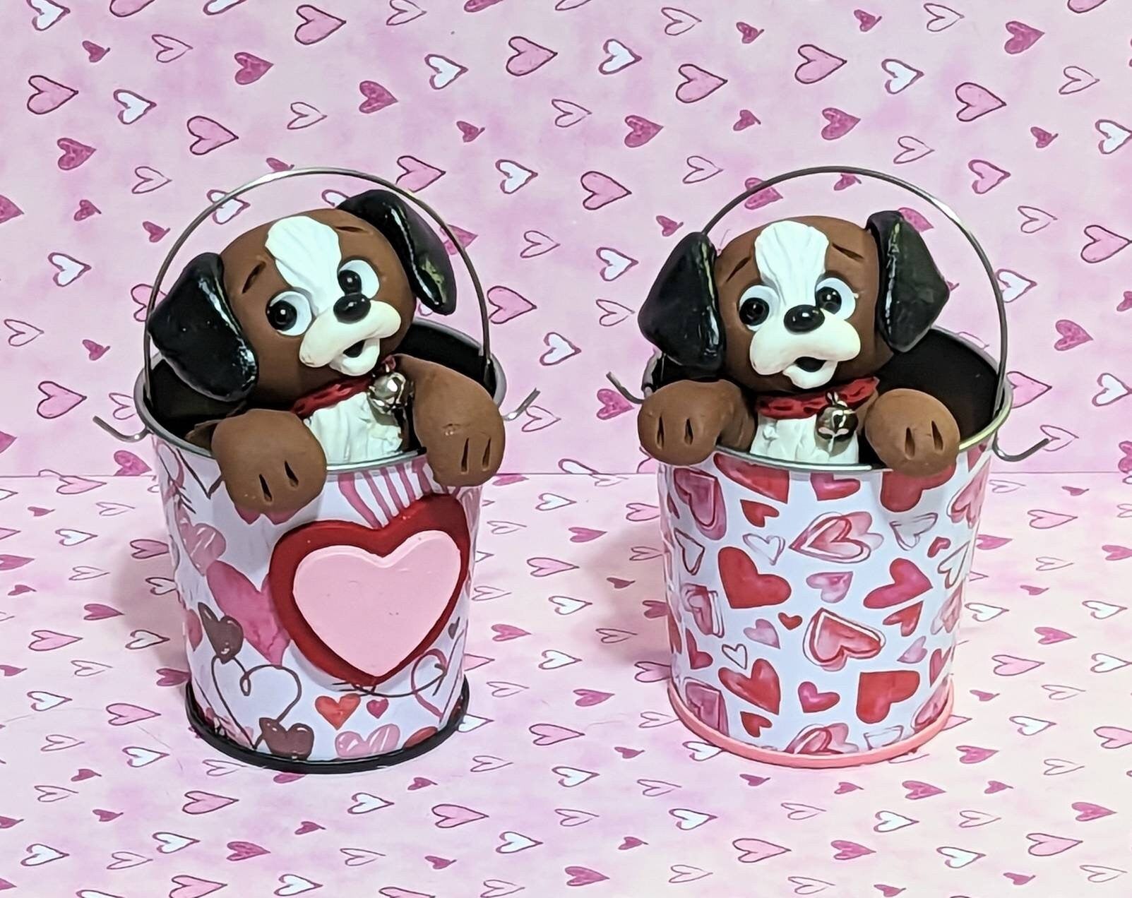 Brown Puppy Dog in Valentine Bucket Handmade Polymer Clay Valentine Decor