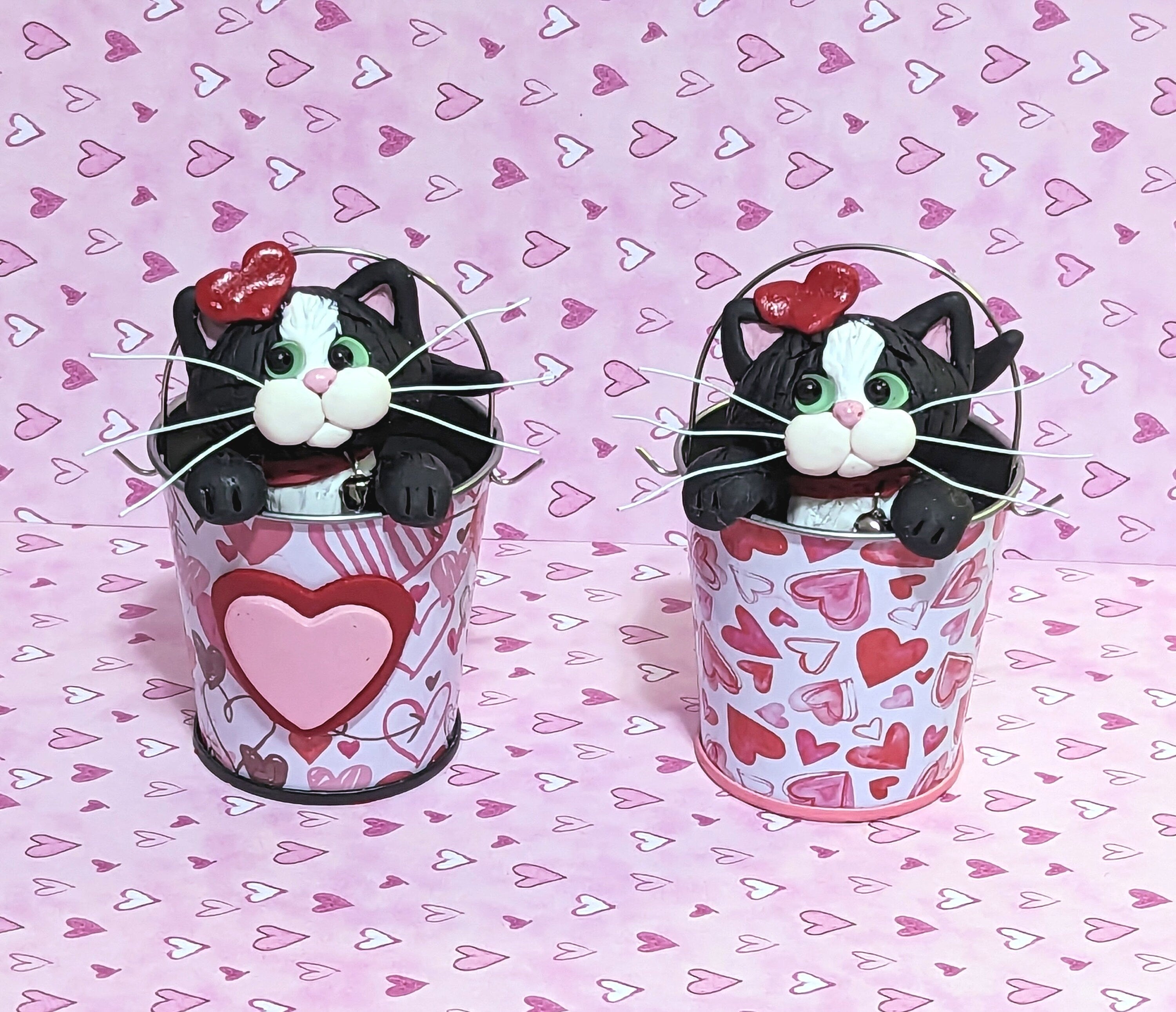 Tuxedo KITTY CAT in Valentine Bucket Handmade Polymer Clay Valentine Decor