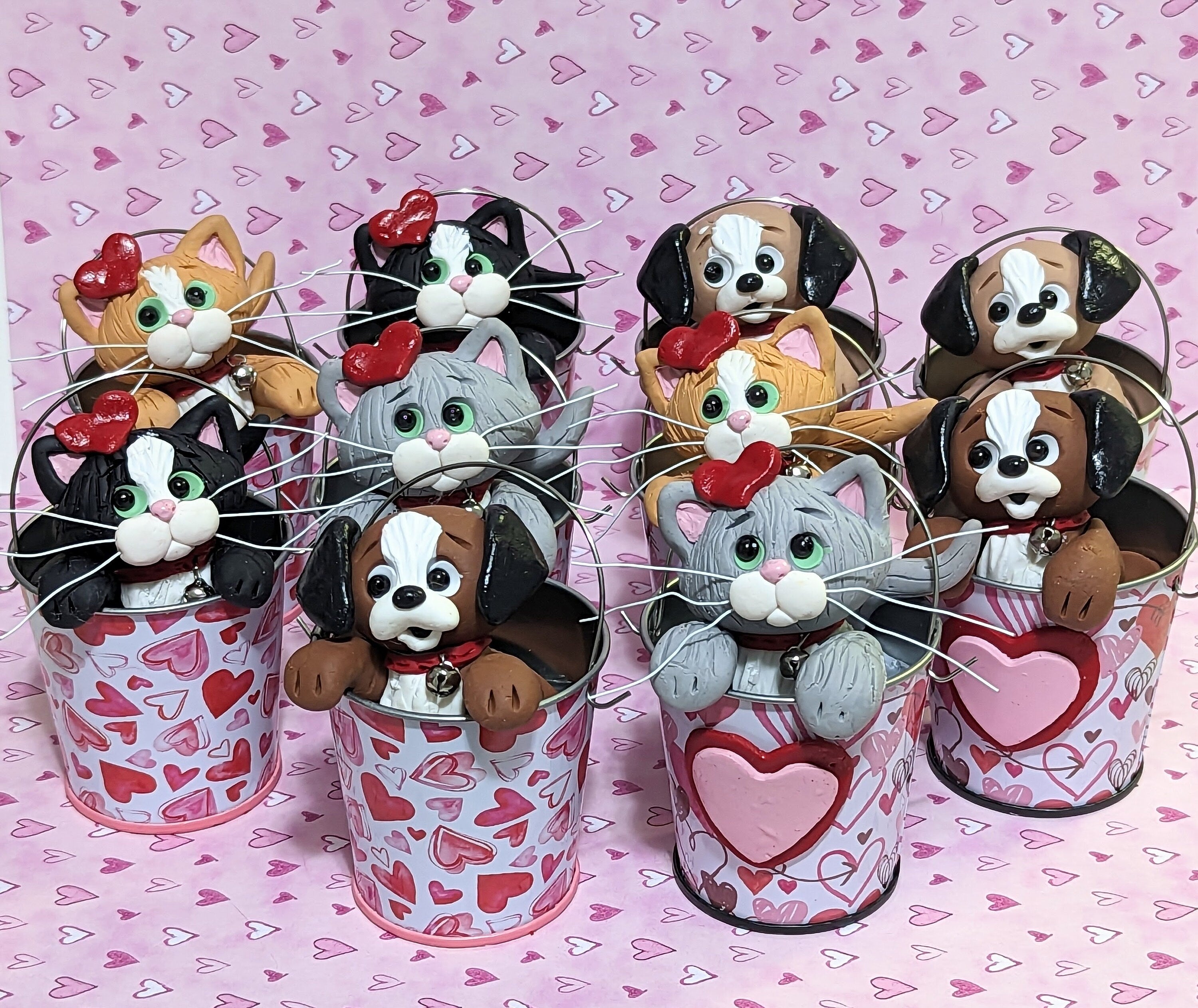 Tuxedo KITTY CAT in Valentine Bucket Handmade Polymer Clay Valentine Decor