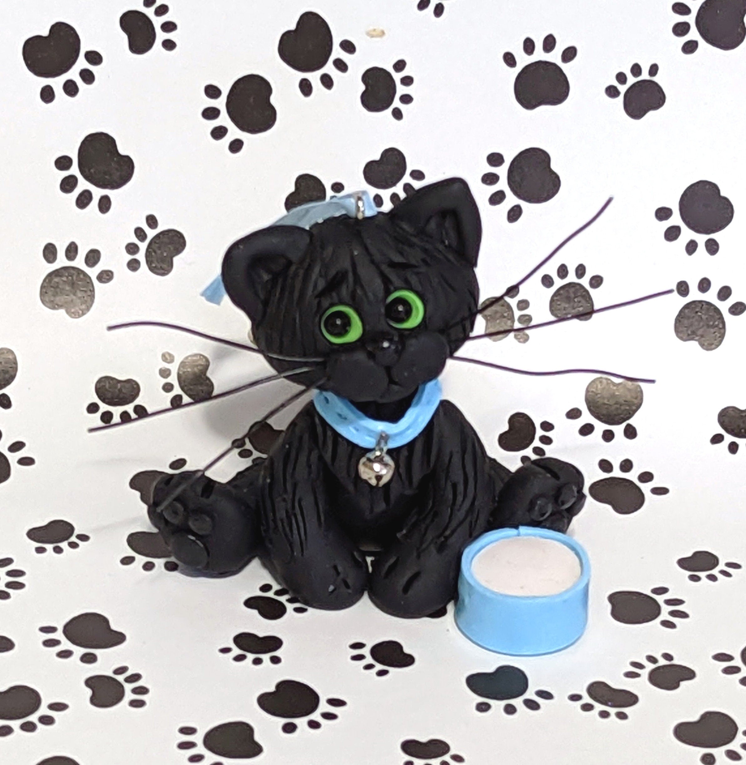 Solid Black KITTY CAT HANDMADE Polymer Clay Personalized Christmas Ornament