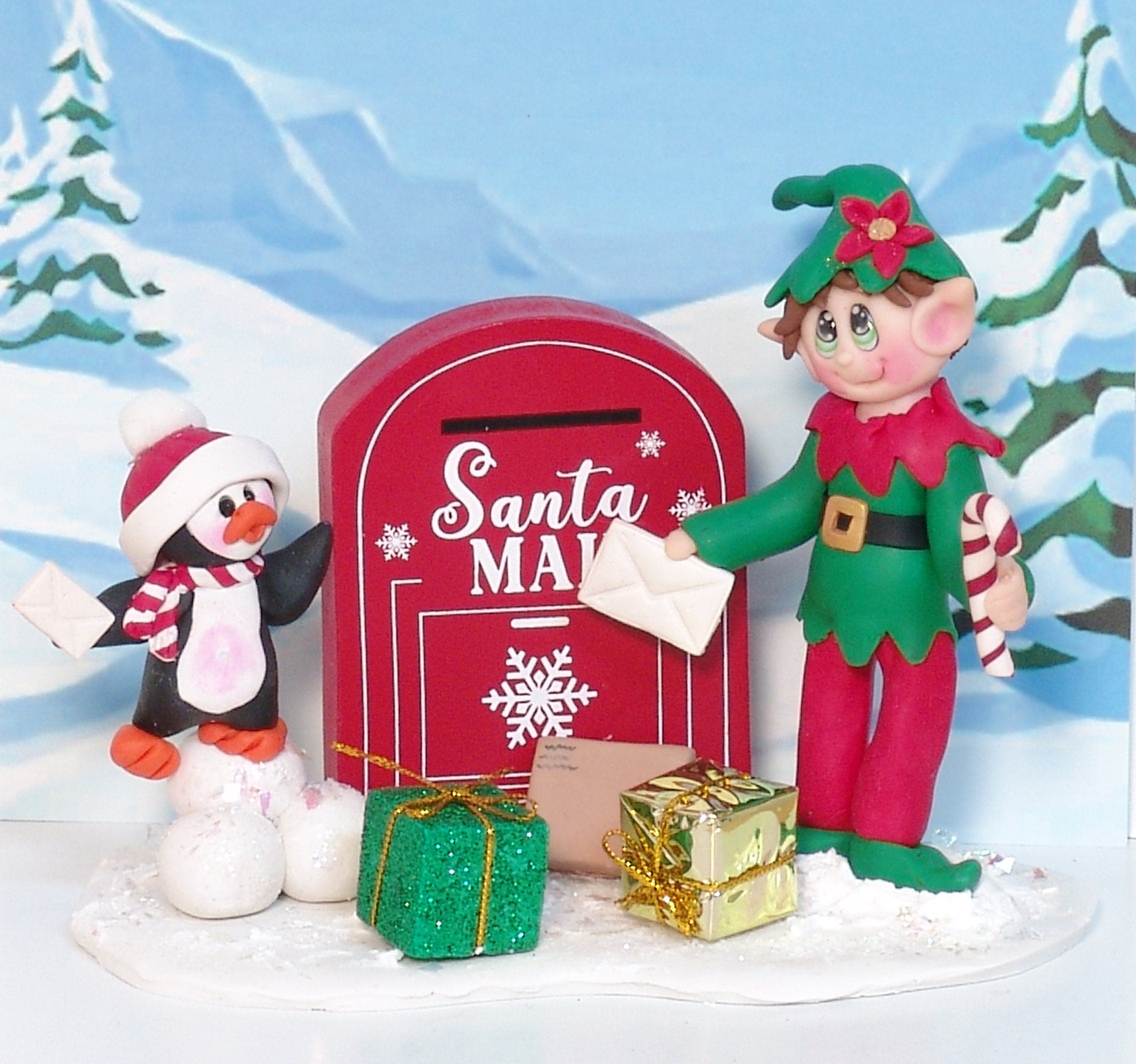 Elliot the Elf with Petey Penguin and Mailbox - Handmade Polymer Clay Figurine Christmas Decor