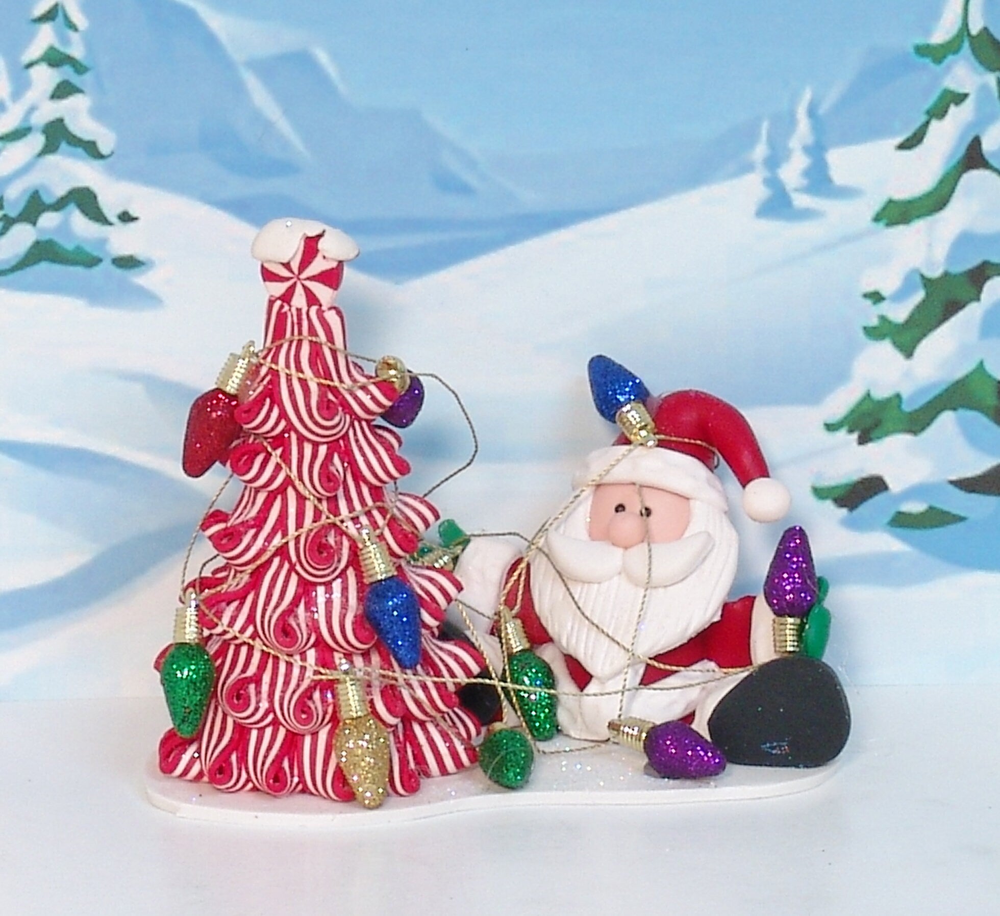 Santa Figurine with Christmas Lights and Peppermint Christmas Tree  - Handmade Polymer Clay