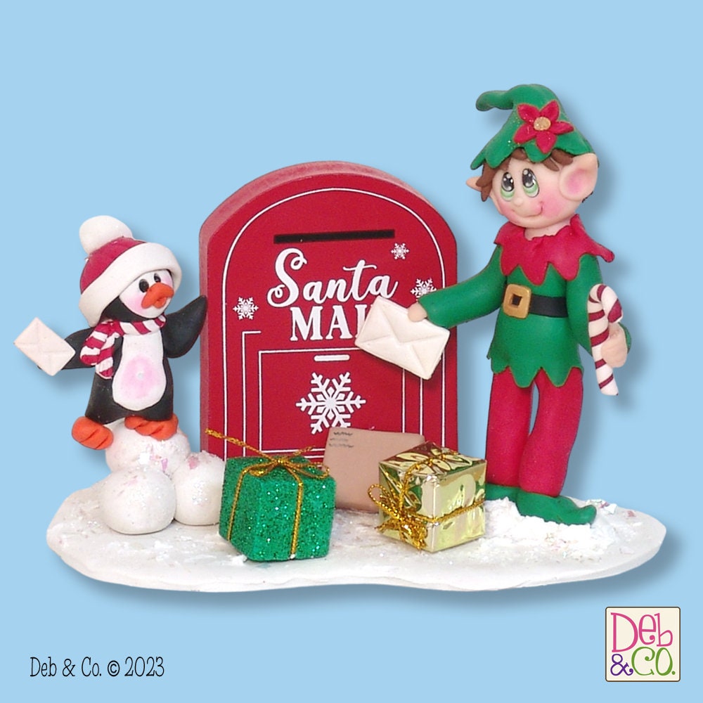 Elliot the Elf with Petey Penguin and Mailbox - Handmade Polymer Clay Figurine Christmas Decor