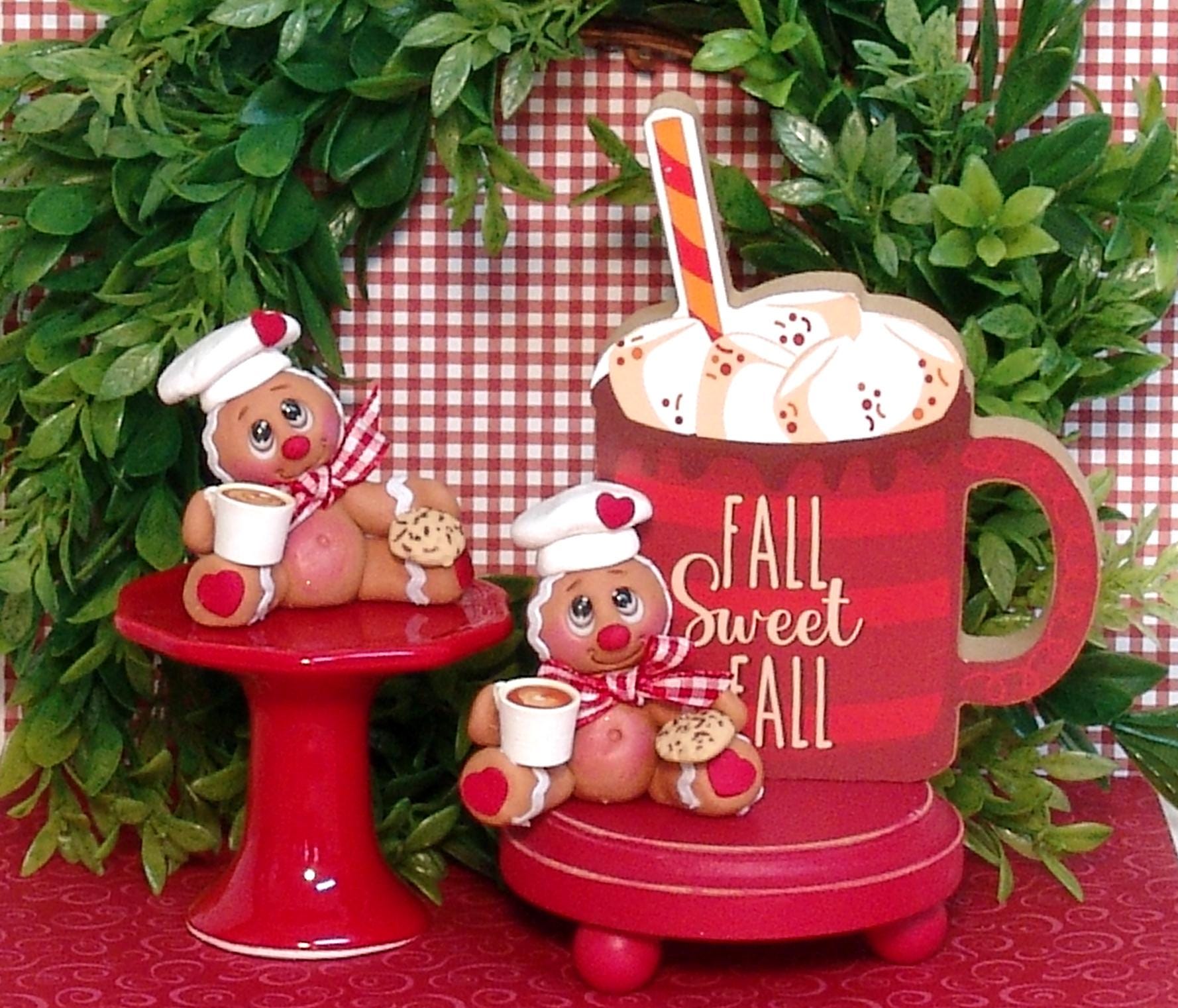 Gingerbread Clay Figurine with Hot Chocolate and Cookie  HANDMADE POLYMER CLAY Christmas Figurine - Tiered Tray Decor