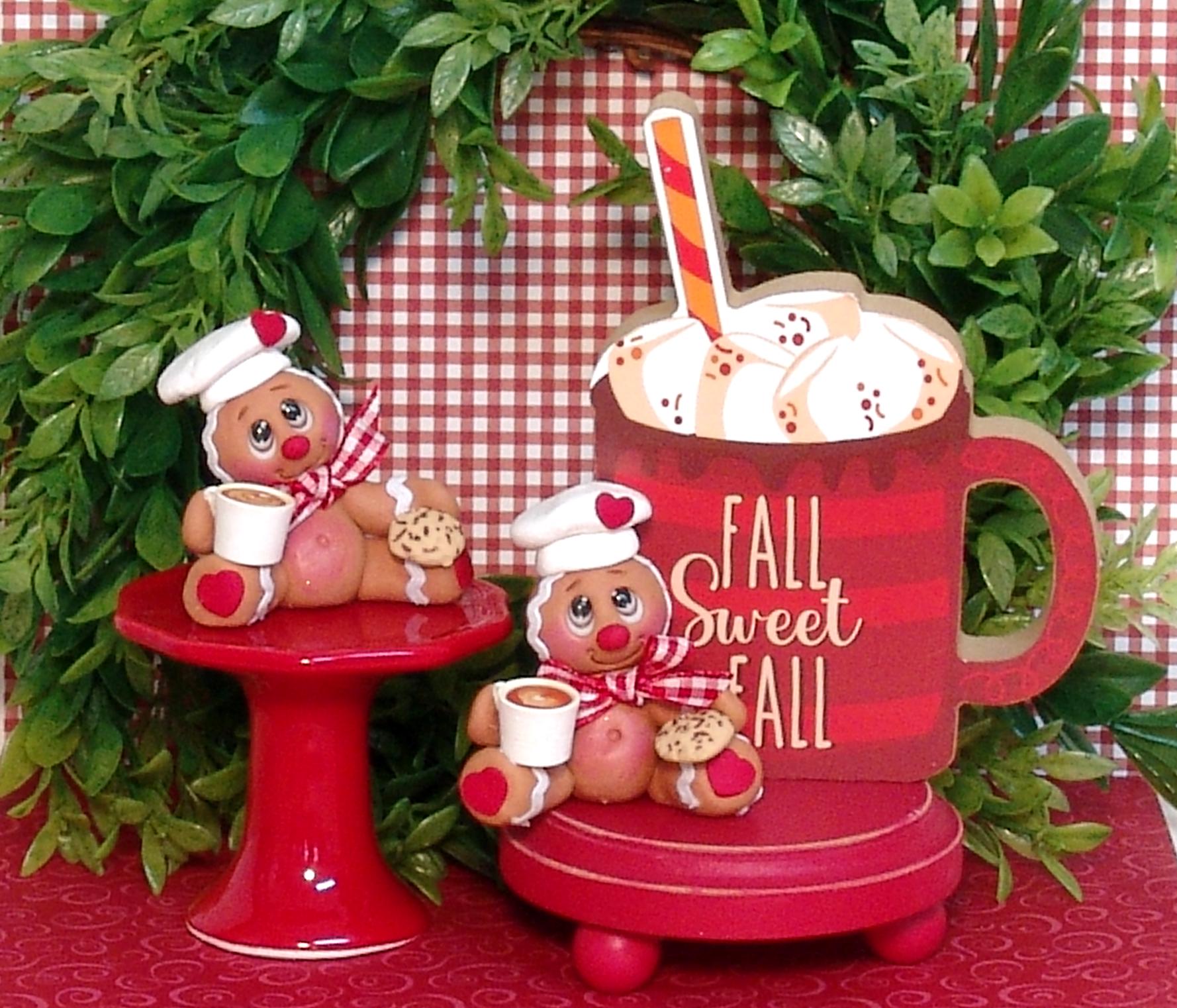 Gingerbread Clay Figurine with Hot Chocolate and Cookie  HANDMADE POLYMER CLAY Christmas Figurine - Tiered Tray Decor - 2 Piece Set