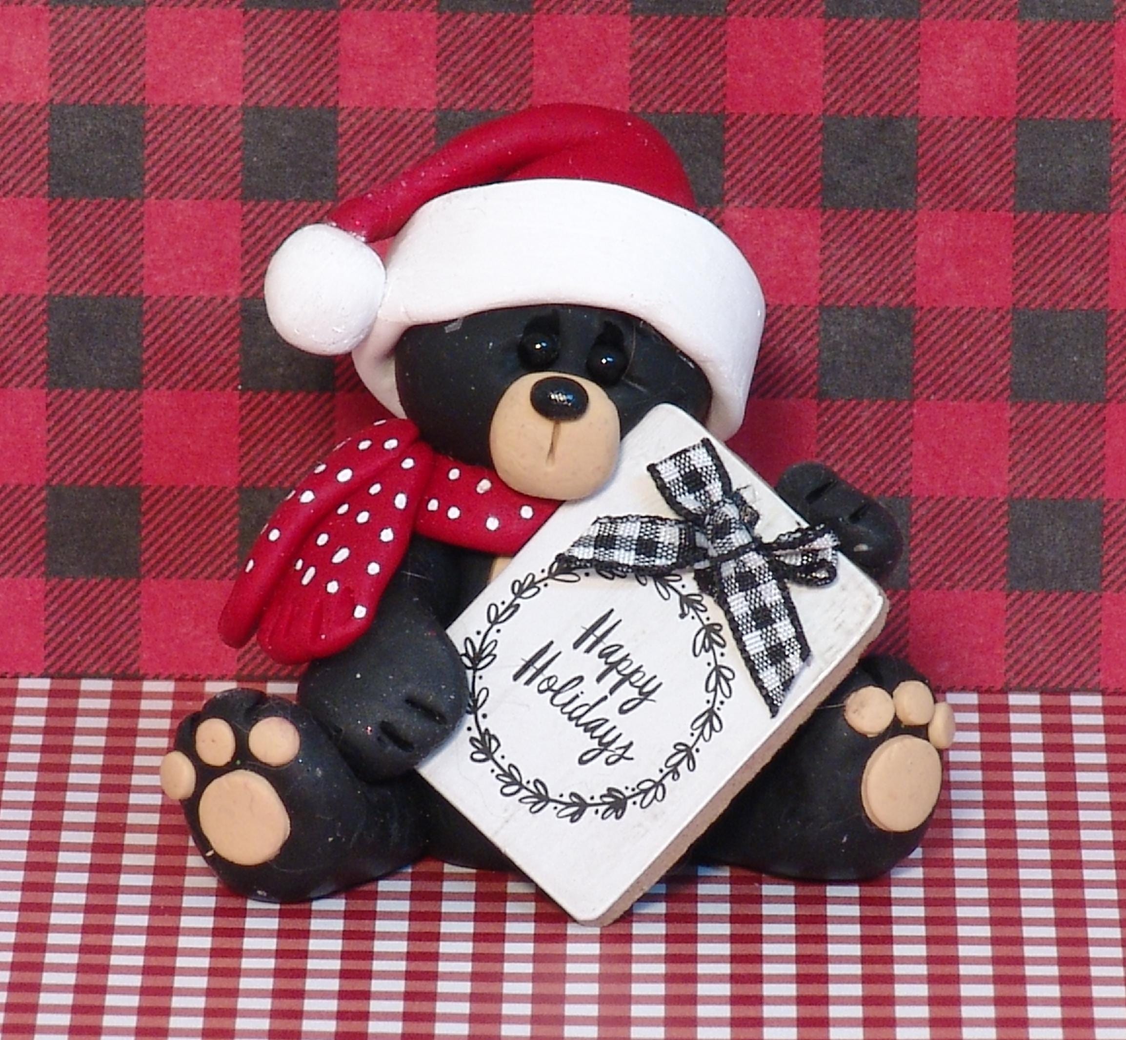 Personalized black bear with Santa Hat & Sign Figurine Handmade POLYMER CLAY