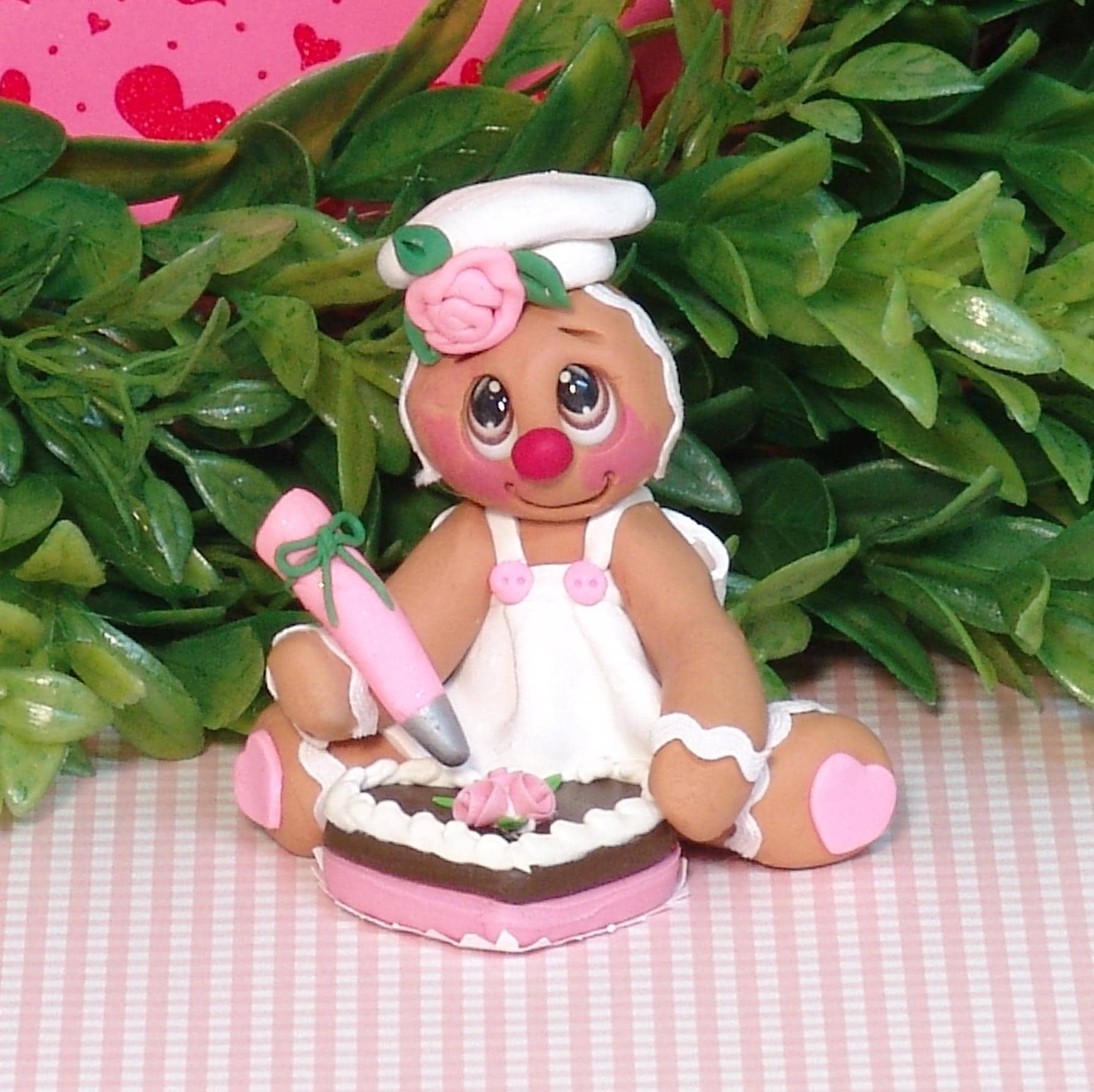 Valentine Gingy Decorating a Heart Cake Handmade Polymer Clay Tiered Tray Valentine Decor