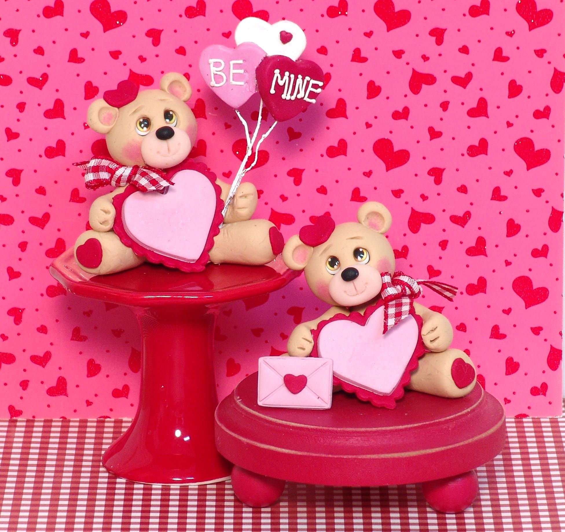 Bear with Valentine Heart Handmade Polymer Clay Valentine Decor - Tiered Tray
