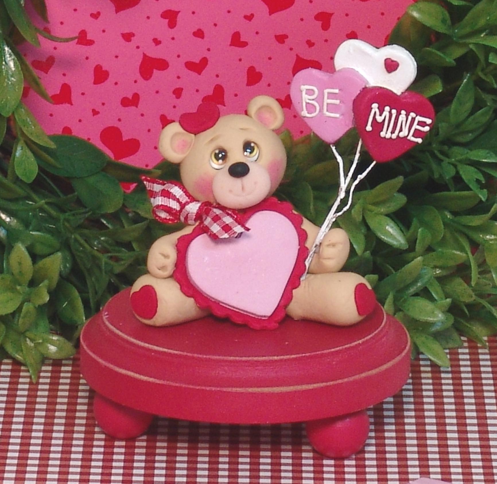 Bear with Heart and Heart Balloons with  "Bee Mine " Handmade Polymer Clay Valentine Decor - Tiered Tray