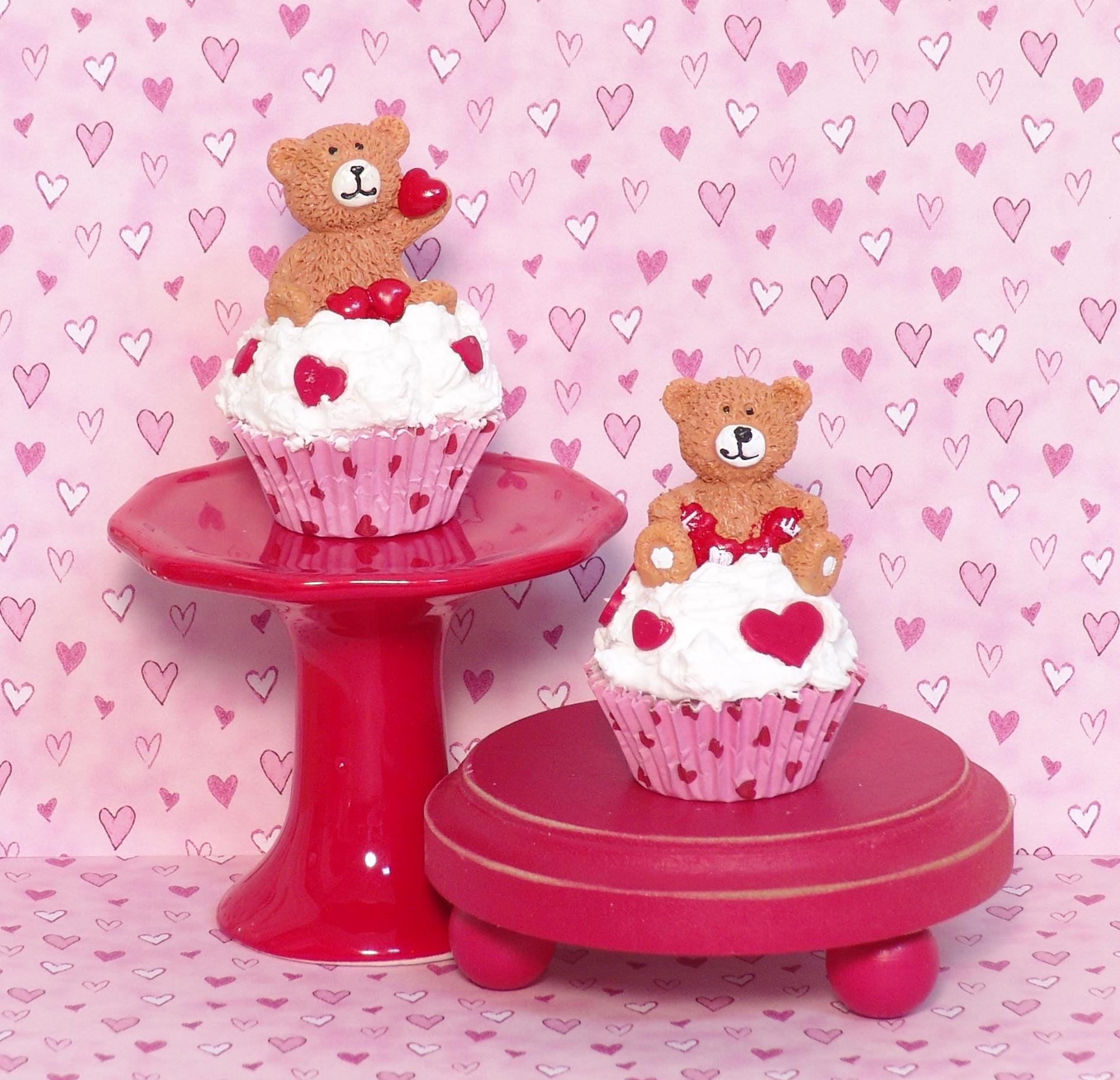 Valentine Cupcake with Bear Figurine /  Handmade Polymer Clay Tiered Tray Decor
