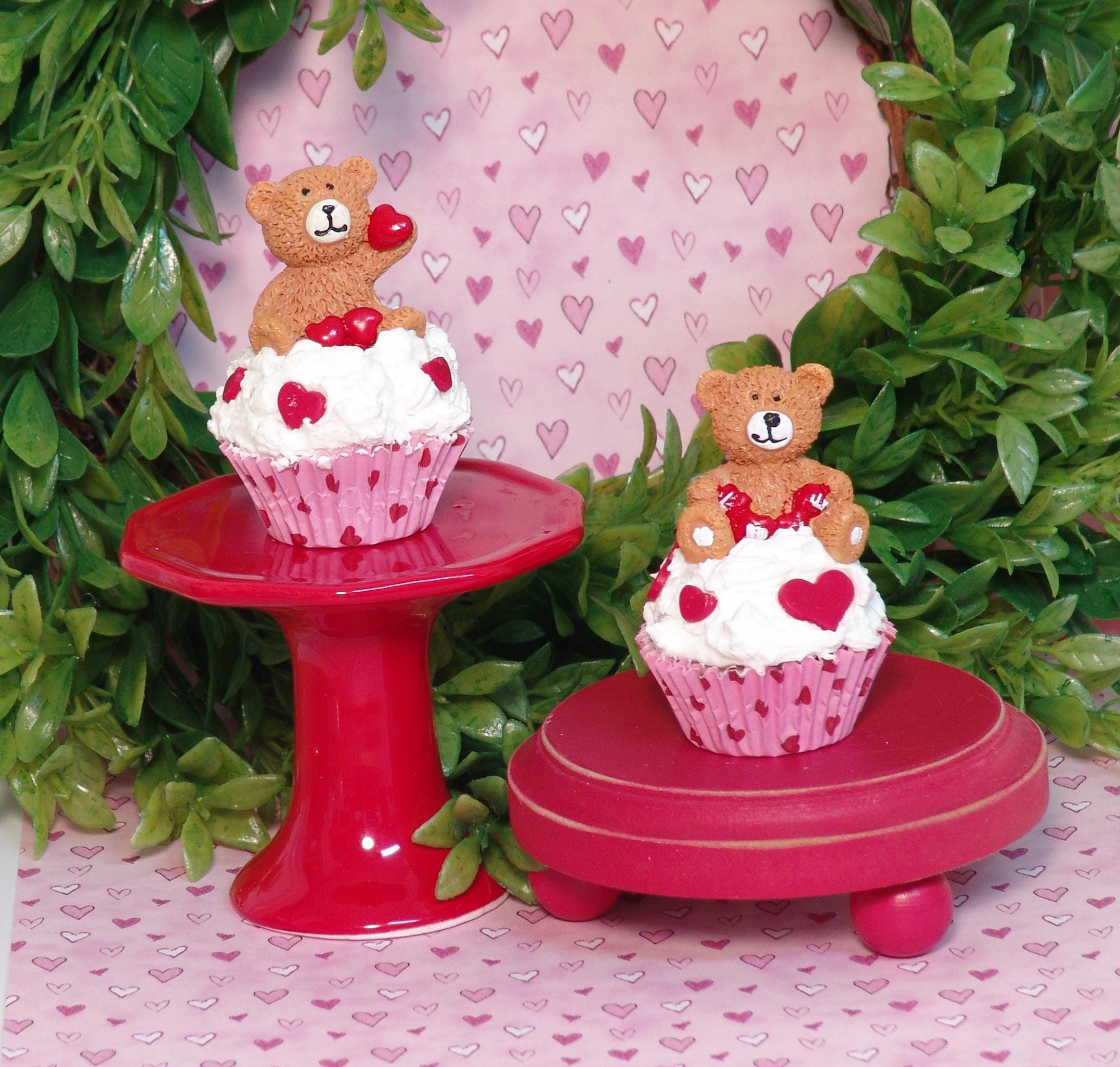 Valentine Cupcake with Bear Figurine /  Handmade Polymer Clay Tiered Tray Decor