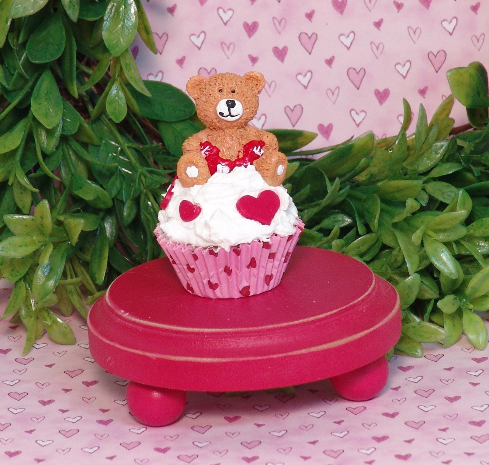 Valentine Cupcake with Bear Figurine /  Handmade Polymer Clay Tiered Tray Decor