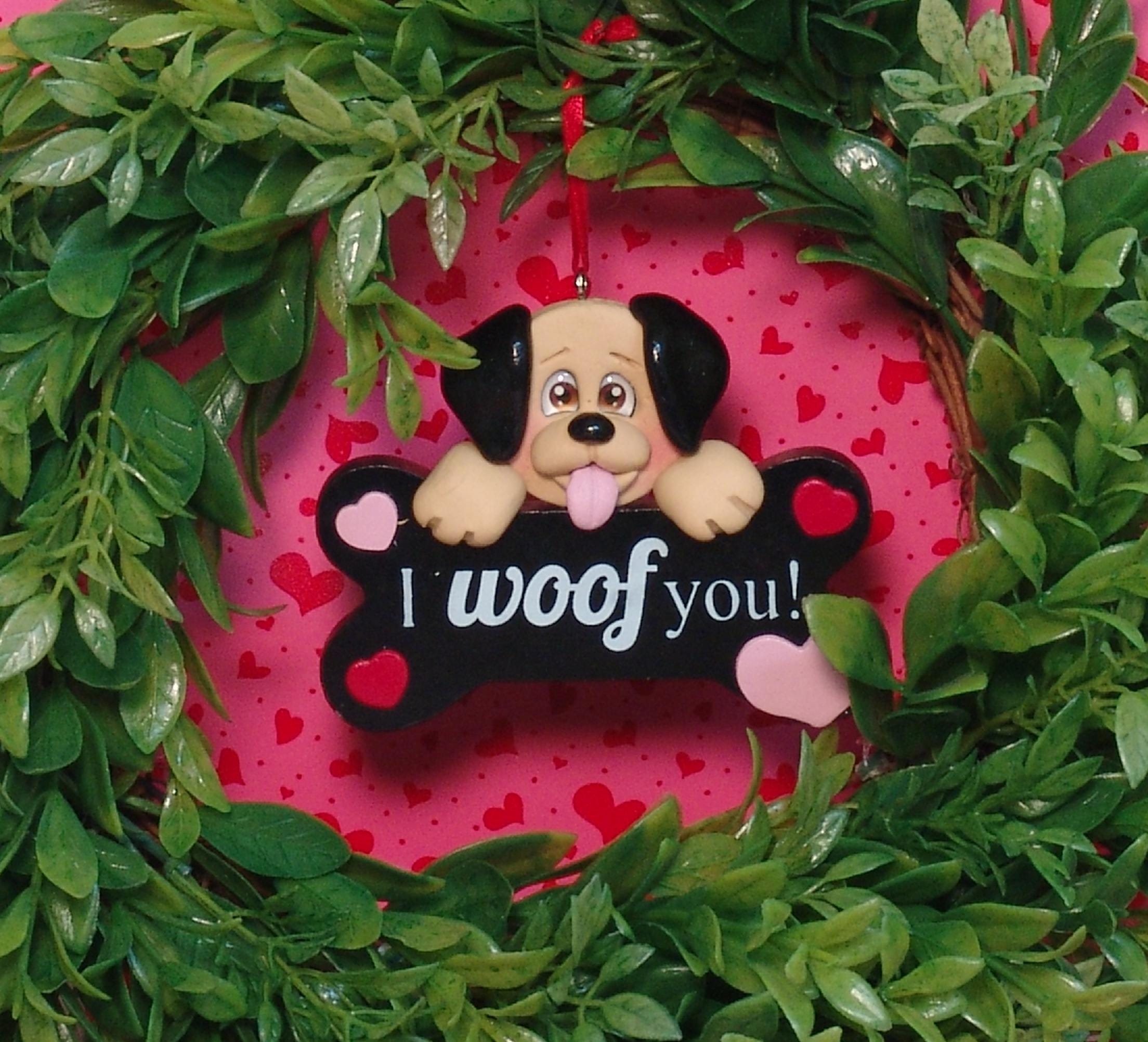 Puppy Dog "I Woof You"  Handmade Polymer Clay Personalized Valentine Ornament
