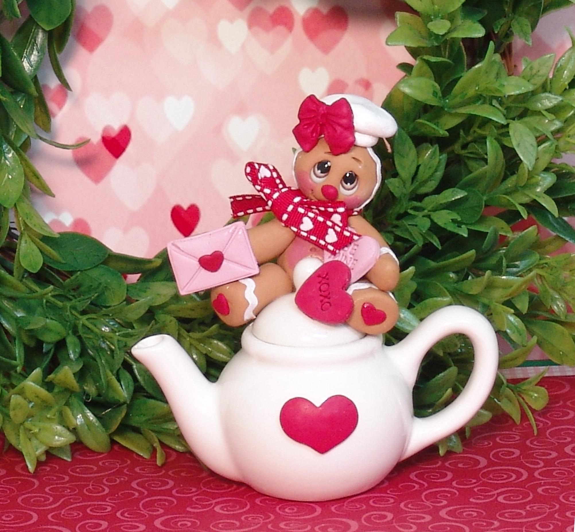 Valentine Gingy Gingerbread Figurine in Valentine Bucket Handmade Polymer Clay Valentine Tiered Tray Decor