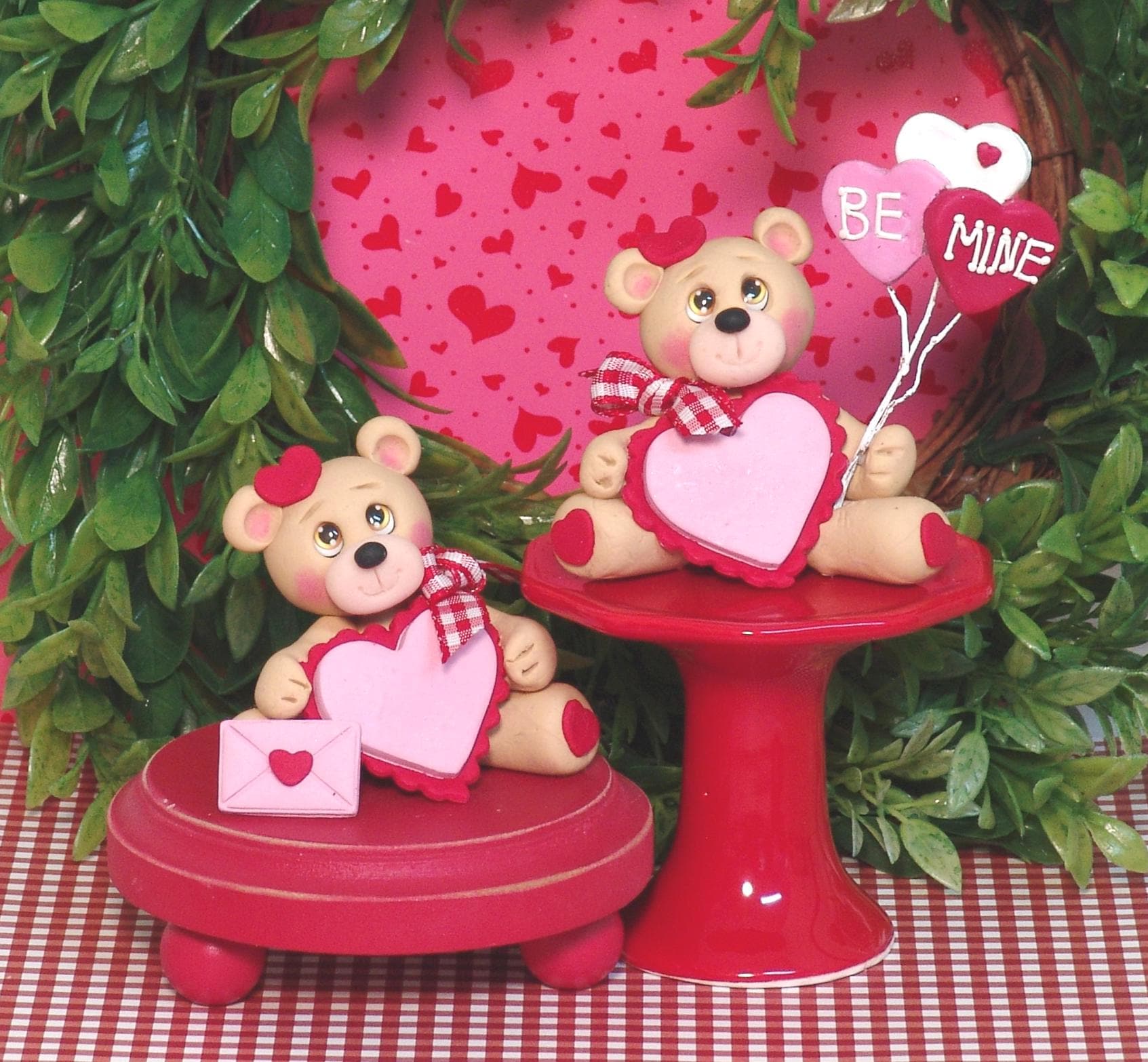 Bear with Heart and Heart Balloons with  "Bee Mine " Handmade Polymer Clay Valentine Decor - Tiered Tray