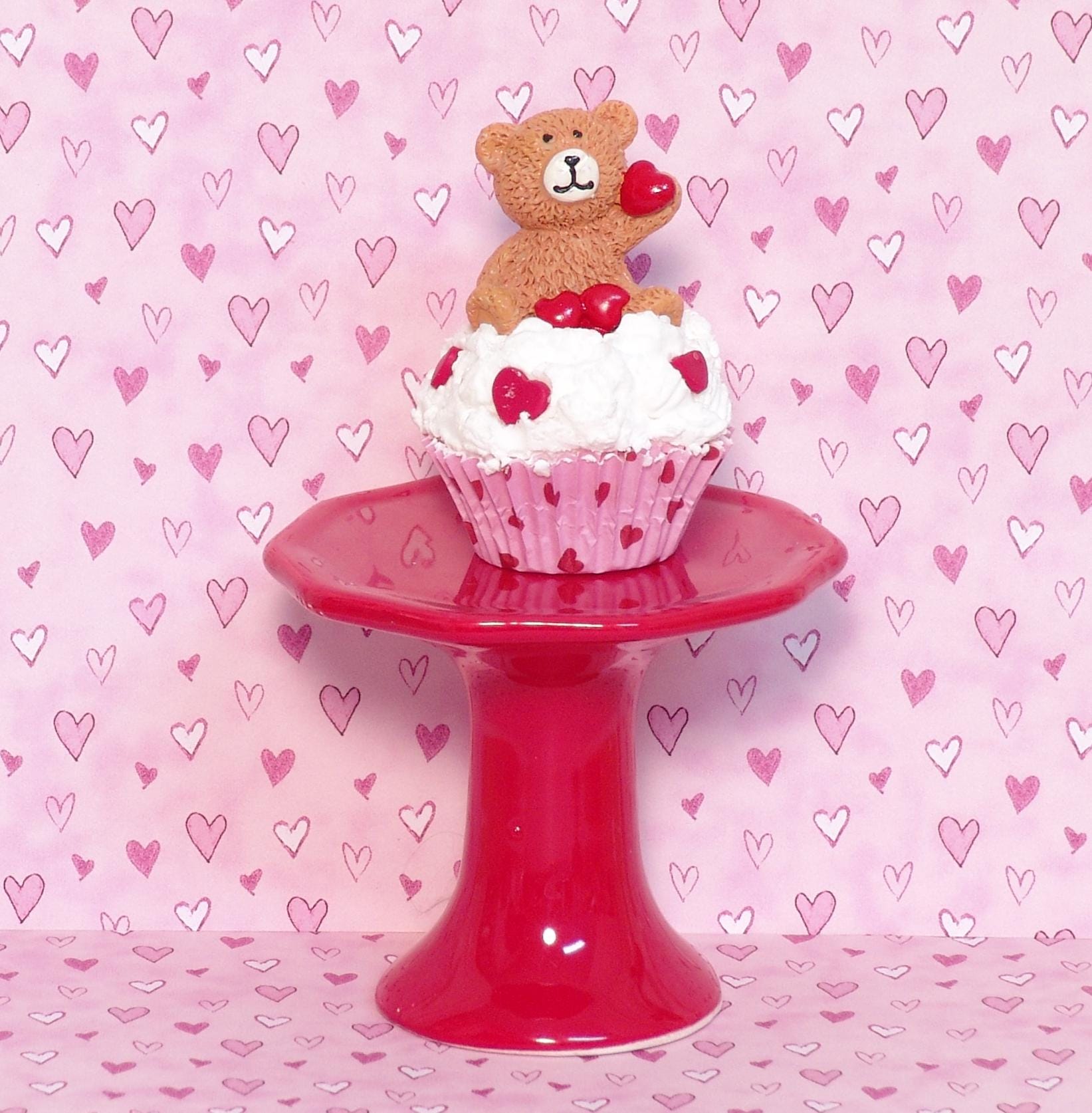 Valentine Cupcake with Bear Figurine /  Handmade Polymer Clay Tiered Tray Decor