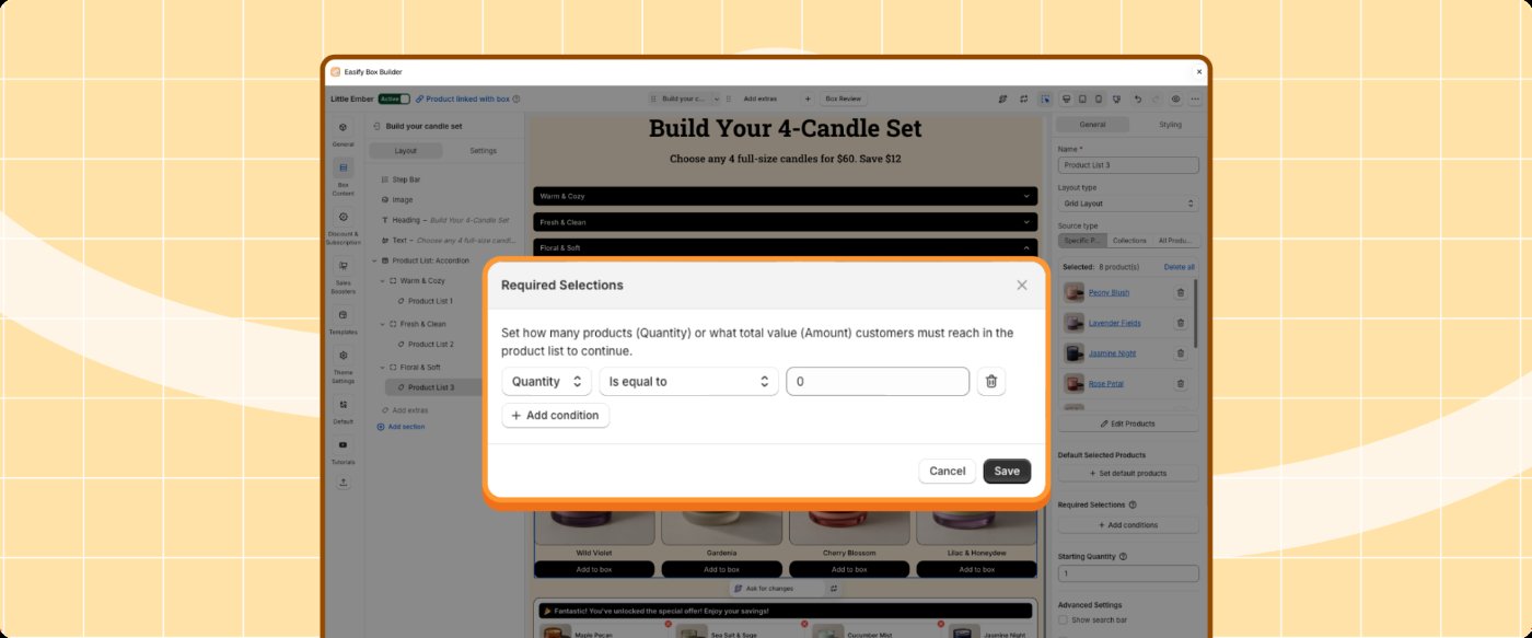 Required Selections conditions in the step settings
